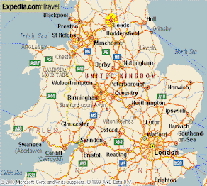 Map of England - Area of interest in the north (Leeds) is highlighted in yellow